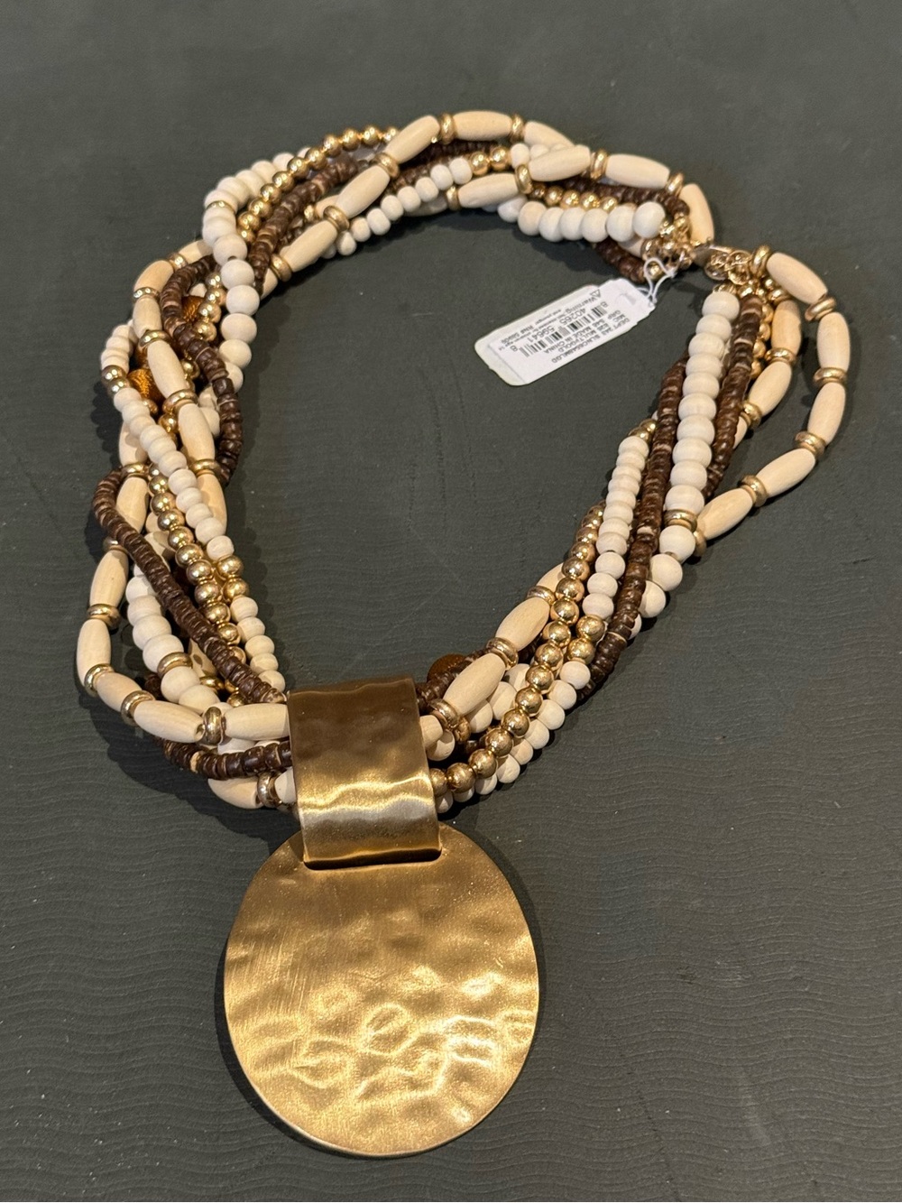 Natasha Accessories Multi Strand Wood Bead Hammered Disc Necklace NWT